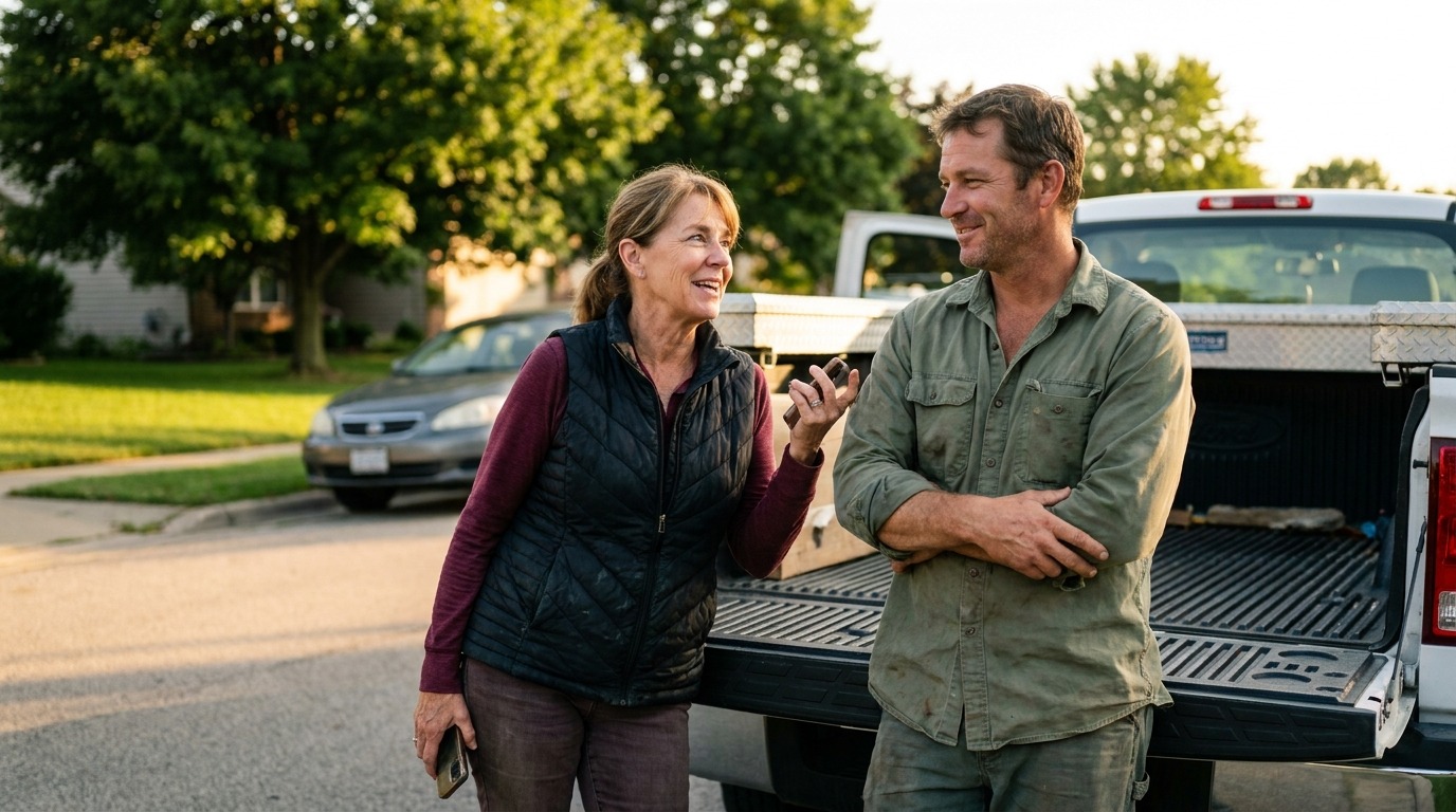 Two small-business owners talking beside the open tailgate of a work truck in late afternoon light. She is mid-sentence, telling him about something; he is listening and starting to smile.